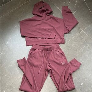 ALO Yoga Mauve Ribbed Hoodie and Joggers Set